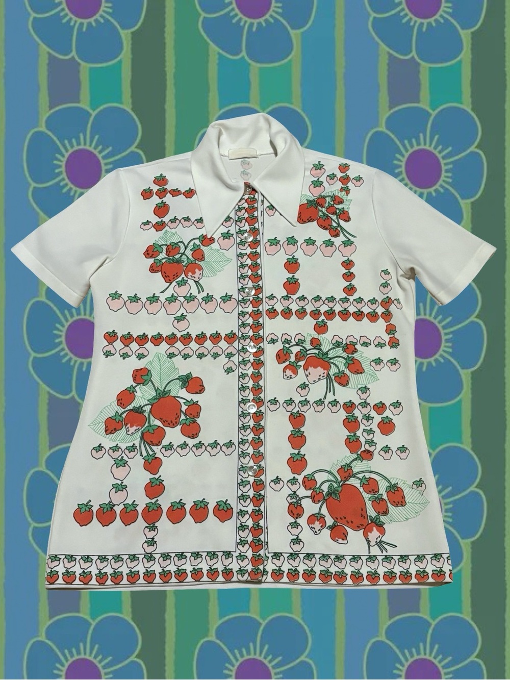 Vintage White Strawberry-Print Button Front Blouse